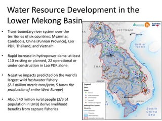 Water Resource Development in the
Lower Mekong Basin
• Trans-boundary river system over the
territories of six countries: Myanmar,
Cambodia, China (Yunnan Province), Lao
PDR, Thailand, and Vietnam
• Rapid increase in hydropower dams: at least
110 existing or planned, 22 operational or
under construction in Lao PDR alone.
• Negative impacts predicted on the world’s
largest wild freshwater fishery
(2.1 million metric tons/year, 5 times the
production of entire West Europe)
• About 40 million rural people (2/3 of
population in LMB) derive livelihood
benefits from capture fisheries
 
