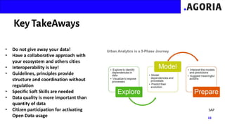 SAP
• Do not give away your data!
• Have a collaborative approach with
your ecosystem and others cities
• Interoperability is key!
• Guidelines, principles provide
structure and coordination without
regulation
• Specific Soft Skills are needed
• Data quality is more important than
quantity of data
• Citizen participation for activating
Open Data usage
 