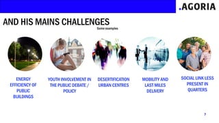 AND HIS MAINS CHALLENGES
ENERGY
EFFICIENCY OF
PUBLIC
BUILDINGS
YOUTH INVOLVEMENT IN
THE PUBLIC DEBATE /
POLICY
DESERTIFICATION
URBAN CENTRES
MOBILITY AND
LAST MILES
DELIVERY
SOCIAL LINK LESS
PRESENT IN
QUARTERS
Some examples
 