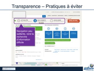Transparence – Pratiques à éviter
Navigation peu
saillante, rend la
recherche
d’information  
difficile
 