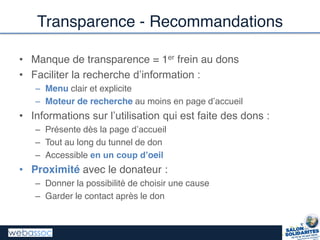 Transparence - Recommandations
• Manque de transparence = 1er frein au dons
• Faciliter  la  recherche  d’information  :
– Menu clair et explicite
– Moteur de recherche au  moins  en  page  d’accueil
• Informations  sur  l’utilisation  qui  est  faite  des  dons  :
– Présente  dès  la  page  d’accueil
– Tout au long du tunnel de don
– Accessible en  un  coup  d’oeil
• Proximité avec le donateur :
– Donner la possibilité de choisir une cause
– Garder le contact après le don
 