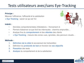 Tests utilisateurs avec/sans Eye-Tracking
Principe :
Mesurer l’efficience, l’efficacité et la satisfaction
+ Eye Tracking : savoir ce qui est VU
Intérêt :
• Données comportementales (Hésitations – froncement de sourcil - etc.)
• Permet d’observer ce que font les internautes : chemins empruntés…
• Analyse fine du comportement et des attentes des clients
• + Eye Tracking : mesure des zones vues, ignorées, des parcours visuels…
Méthode :
1. Définition de la cible & recrutement de l’échantillon
2. Définition du protocole de test en fonction de vos objectifs
3. Passation des tests
4. Analyse du comportement et de la satisfaction
 