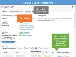 Vue d’un « Devoir » itslearning
Compétences
Onglet de
conception
Réponses des
élèves classées
par liste avec
évaluation
automatique
 