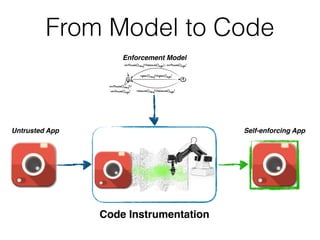 From Model to Code
Untrusted App
Enforcement Model
Self-enforcing App
Code Instrumentation
 