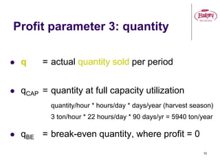 10
Profit parameter 3: quantity
 q = actual quantity sold per period
 qCAP = quantity at full capacity utilization
quantity/hour * hours/day * days/year (harvest season)
3 ton/hour * 22 hours/day * 90 days/yr = 5940 ton/year
 qBE = break-even quantity, where profit = 0
 