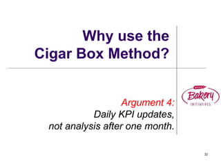 32
Why use the
Cigar Box Method?
Argument 4:
Daily KPI updates,
not analysis after one month.
 