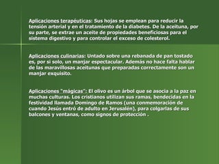 Aplicaciones terapéuticas : Sus hojas se emplean para reducir la tensión arterial y en el tratamiento de la diabetes. De la aceituna, por su parte, se extrae un aceite de propiedades beneficiosas para el sistema digestivo y para controlar el exceso de colesterol. Aplicaciones culinarias : Untado sobre una rebanada de pan tostado es, por si solo, un manjar espectacular. Además no hace falta hablar de las maravillosas aceitunas que preparadas correctamente son un manjar exquisito. Aplicaciones “mágicas”:  El olivo es un árbol que se asocia a la paz en muchas culturas. Los cristianos utilizan sus ramas, bendecidas en la festividad llamada Domingo de Ramos (una conmemoración de cuando Jesús entró de adulto en Jerusalén), para colgarlas de sus balcones y ventanas, como signos de protección . 