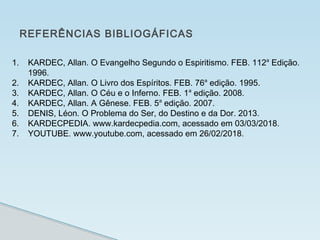 REFERÊNCIAS BIBLIOGÁFICAS
1. KARDEC, Allan. O Evangelho Segundo o Espiritismo. FEB. 112a
Edição.
1996.
2. KARDEC, Allan. O Livro dos Espíritos. FEB. 76a
edição. 1995.
3. KARDEC, Allan. O Céu e o Inferno. FEB. 1a
edição. 2008.
4. KARDEC, Allan. A Gênese. FEB. 5a
edição. 2007.
5. DENIS, Léon. O Problema do Ser, do Destino e da Dor. 2013.
6. KARDECPEDIA. www.kardecpedia.com, acessado em 03/03/2018.
7. YOUTUBE. www.youtube.com, acessado em 26/02/2018.
 