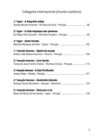 9
Categoria internacional (mundo lusófono)
1.º lugar - A fotografia antiga
Daniela Macário Resende - Vila Nova de Paiva - Portugal................................. 86
2.º lugar - O chão longínquo das quimeras
Rui Miguel Dias Carvalho - Alfornelos Amadora - Portugal................................ 95
3.º lugar - Santo Feriado
Marcella Rodrigues dos Reis - Queluz - Portugal............................................ 102
1.ª menção honrosa - Depois do escape
Antônio João Maduro Guerreiro - Peniche - Portugal...................................... 108
2.ª menção honrosa - Licor beirão
Teresa de Jesus Ferreira Teixeira - Vila Nova de Gaia - Portugal...................... 115
3.ª menção honrosa - O Anjo Purificador
Joaquim Bispo - Odivelas - Portugal............................................................................121
4.ª menção honrosa - Sombrinha Colorida
Solange Fischer Bernardino - Balingen - Alemanha........................................ 125
5.ª menção honrosa - Vista para o rio
Maria de Fátima Correia Santos - Lagos - Portugal ...................................... 128
 