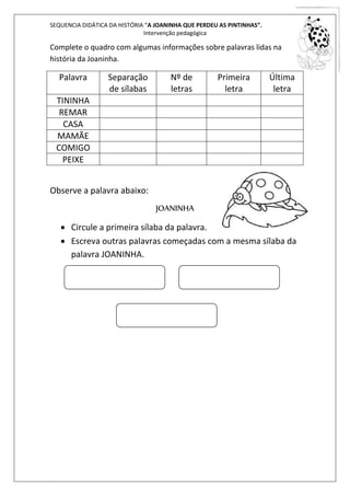 SEQUENCIA DIDÁTICA DA HISTÓRIA “A JOANINHA QUE PERDEU AS PINTINHAS”. 
Intervenção pedagógica 
Complete o quadro com algumas informações sobre palavras lidas na 
história da Joaninha. 
Palavra Separação 
de sílabas 
Nº de 
letras 
Primeira 
letra 
Última 
letra 
TININHA 
REMAR 
CASA 
MAMÃE 
COMIGO 
PEIXE 
Observe a palavra abaixo: 
JOANINHA 
 Circule a primeira sílaba da palavra. 
 Escreva outras palavras começadas com a mesma sílaba da 
palavra JOANINHA. 
