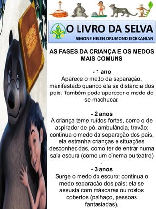 O LIVRO DA SELVA
SIMONE HELEN DRUMOND ISCHKANIAN

AS FASES DA CRIANÇA E OS MEDOS
MAIS COMUNS
- 1 ano
Aparece o medo da separação,
manifestado quando ela se distancia dos
pais. Também pode aparecer o medo de
se machucar.
- 2 anos
A criança teme ruídos fortes, como o de
aspirador de pó, ambulância, trovão;
continua o medo da separação dos pais;
ela estranha crianças e situações
desconhecidas, como ter de entrar numa
sala escura (como um cinema ou teatro)
.
- 3 anos
Surge o medo do escuro; continua o
medo separação dos pais; ela se
assusta com máscaras ou rostos
cobertos (palhaço, pessoas
fantasiadas).

 