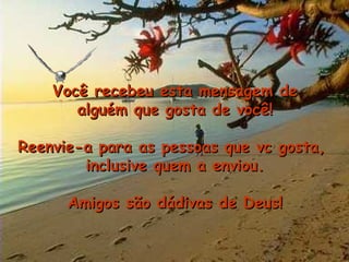 Você recebeu esta mensagem de alguém que gosta de você! Reenvie-a para as pessoas que vc gosta,  inclusive quem a enviou. Amigos são dádivas de Deus! 