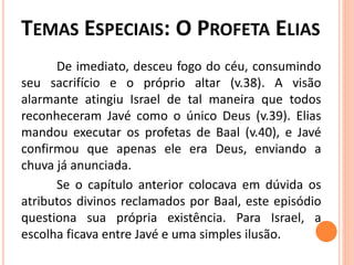 De imediato, desceu fogo do céu, consumindo
seu sacrifício e o próprio altar (v.38). A visão
alarmante atingiu Israel de tal maneira que todos
reconheceram Javé como o único Deus (v.39). Elias
mandou executar os profetas de Baal (v.40), e Javé
confirmou que apenas ele era Deus, enviando a
chuva já anunciada.
Se o capítulo anterior colocava em dúvida os
atributos divinos reclamados por Baal, este episódio
questiona sua própria existência. Para Israel, a
escolha ficava entre Javé e uma simples ilusão.
 