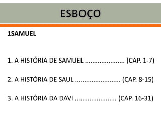 1SAMUEL
1. A HISTÓRIA DE SAMUEL ...................... (CAP. 1-7)
2. A HISTÓRIA DE SAUL ......................... (CAP. 8-15)
3. A HISTÓRIA DA DAVI ....................... (CAP. 16-31)
 