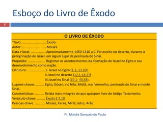 Esboço do Livro de Êxodo
Pr. Moisés Sampaio de Paula
5
O LIVRO DE ÊXODO
Título: .......................... Êxodo.
Autor:........................... Moisés.
Data e local: ................ Aproximadamente 1450-1410 a.C. Foi escrito no deserto, durante a
peregrinação de Israel, em algum lugar da península do Sinai.
Propósito: ................... Registrar os acontecimentos da libertação de Israel do Egito e seu
desenvolvimento como nação.
Estrutura: .................... I. Israel no Egito (1.1- 13.20).
II.Israel no deserto (12.1-18.27)
III.Israel no Sinai (19.1- 40.38).
Lugares-chaves: ......... Egito, Gósen, rio Nilo, Midiã, mar Vermelho, península do Sinai e monte
Sinai.
Características: .......... Relata mais milagres do que qualquer livro do Antigo Testamento.
Versículo-chave: ......... Êxodo 3.7,10.
Pessoas-chave: ........... Moisés, Faraó, Miriã, Jetro, Arão.
 