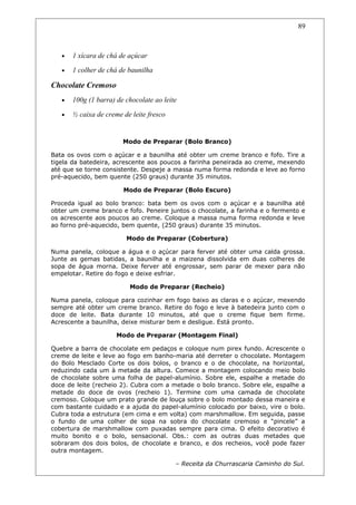 • 1 xícara de chá de açúcar
• 1 colher de chá de baunilha
Chocolate Cremoso
• 100g (1 barra) de chocolate ao leite
• ½ caixa de creme de leite fresco
Modo de Preparar (Bolo Branco)
Bata os ovos com o açúcar e a baunilha até obter um creme branco e fofo. Tire a
tigela da batedeira, acrescente aos poucos a farinha peneirada ao creme, mexendo
até que se torne consistente. Despeje a massa numa forma redonda e leve ao forno
pré-aquecido, bem quente (250 graus) durante 35 minutos.
Modo de Preparar (Bolo Escuro)
Proceda igual ao bolo branco: bata bem os ovos com o açúcar e a baunilha até
obter um creme branco e fofo. Peneire juntos o chocolate, a farinha e o fermento e
os acrescente aos poucos ao creme. Coloque a massa numa forma redonda e leve
ao forno pré-aquecido, bem quente, (250 graus) durante 35 minutos.
Modo de Preparar (Cobertura)
Numa panela, coloque a água e o açúcar para ferver até obter uma calda grossa.
Junte as gemas batidas, a baunilha e a maizena dissolvida em duas colheres de
sopa de água morna. Deixe ferver até engrossar, sem parar de mexer para não
empelotar. Retire do fogo e deixe esfriar.
Modo de Preparar (Recheio)
Numa panela, coloque para cozinhar em fogo baixo as claras e o açúcar, mexendo
sempre até obter um creme branco. Retire do fogo e leve à batedeira junto com o
doce de leite. Bata durante 10 minutos, até que o creme fique bem firme.
Acrescente a baunilha, deixe misturar bem e desligue. Está pronto.
Modo de Preparar (Montagem Final)
Quebre a barra de chocolate em pedaços e coloque num pirex fundo. Acrescente o
creme de leite e leve ao fogo em banho-maria até derreter o chocolate. Montagem
do Bolo Mesclado Corte os dois bolos, o branco e o de chocolate, na horizontal,
reduzindo cada um à metade da altura. Comece a montagem colocando meio bolo
de chocolate sobre uma folha de papel-alumínio. Sobre ele, espalhe a metade do
doce de leite (recheio 2). Cubra com a metade o bolo branco. Sobre ele, espalhe a
metade do doce de ovos (recheio 1). Termine com uma camada de chocolate
cremoso. Coloque um prato grande de louça sobre o bolo montado dessa maneira e
com bastante cuidado e a ajuda do papel-alumínio colocado por baixo, vire o bolo.
Cubra toda a estrutura (em cima e em volta) com marshmallow. Em seguida, passe
o fundo de uma colher de sopa na sobra do chocolate cremoso e “pincele” a
cobertura de marshmallow com puxadas sempre para cima. O efeito decorativo é
muito bonito e o bolo, sensacional. Obs.: com as outras duas metades que
sobraram dos dois bolos, de chocolate e branco, e dos recheios, você pode fazer
outra montagem.
– Receita da Churrascaria Caminho do Sul.
89
 