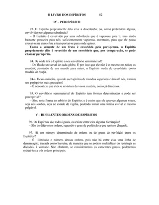 O LIVRO DOS ESPÍRITOS                   82

                       IV – PERISPÍRITO

     93. O Espírito propriamente dito vive a descoberto, ou, como pretendem alguns,
 envolvido por alguma substância?
     – O Espírito é envolvido por uma substância que é vaporosa para ti, mas ainda
 bastante grosseira para nós; suficientemente vaporosa, entretanto, para que ele possa
 elevar-se na atmosfera e transportar-se para onde quiser.
     Como a semente de um fruto é envolvida pelo perisperma, o Espírito
 propriamente dito é revestido de um envoltório que, por comparação, se pode
 chamar perispírito.

   94. De onde tira o Espírito o seu envoltório semimaterial?
   – Do fluido universal de cada globo. É por isso que ele não é o mesmo em todos os
 mundos; passando de um mundo para outro, o Espírito muda de envoltório, como
 mudais de roupa.

    94-a. Dessa maneira, quando os Espíritos de mundos superiores vêm até nós, tornam
 um perispírito mais grosseiro?
    – É necessário que eles se revistam da vossa matéria, como já dissemos.

     95. O envoltório semimaterial do Espírito tem formas determinadas e pode ser
 perceptível?
     – Sim, uma forma ao arbítrio do Espírito; e é assim que ele aparece algumas vezes,
 seja nos sonhos, seja no estado de vigília, podendo tomar uma forma visível e mesmo
 palpável.

         V – DIFERENTES ORDENS DE ESPÍRITOS

    96. Os Espíritos são todos iguais, ou existe entre eles alguma hierarquia?
    – São de diferentes ordens, segundo o grau de perfeição a que tenham chegado.

     97. Há um número determinado de ordens ou de graus de perfeição entre os
Espíritos?
     – É ilimitado o número dessas ordens, pois não há entre elas uma linha de
demarcação, traçada como barreira, de maneira que se podem multiplicar ou restringir as
divisões, à vontade. Não obstante, se considerarmos os caracteres gerais, poderemos
reduzi-ias a três ordens principais.
 