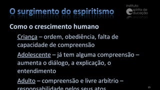 Como o crescimento humano Criança  – ordem, obediência, falta de capacidade de compreensão Adolescente  – já tem alguma compreensão – aumenta o diálogo, a explicação, o entendimento Adulto  – compreensão e livre arbítrio – responsabilidade pelos seus atos 