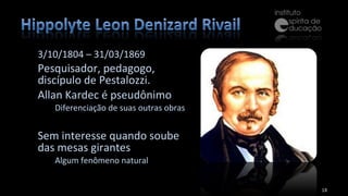 3/10/1804 – 31/03/1869 Pesquisador, pedagogo, discípulo de Pestalozzi. Allan Kardec é pseudônimo Diferenciação de suas outras obras Sem interesse quando soube das mesas girantes Algum fenômeno natural 