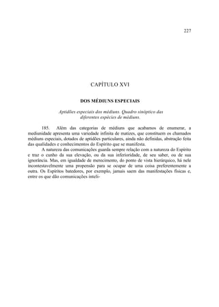 227




                                  CAPÍTULO XVI

                            DOS MÉDIUNS ESPECIAIS

                Aptidões especiais dos médiuns. Quadro sinóptico das
                           diferentes espécies de médiuns.

       185. Além das categorias de médiuns que acabamos de enumerar, a
mediunidade apresenta uma variedade infinita de matizes, que constituem os chamados
médiuns especiais, dotados de aptidões particulares, ainda não definidas, abstração feita
das qualidades e conhecimentos do Espírito que se manifesta.
       A natureza das comunicações guarda sempre relação com a natureza do Espírito
e traz o cunho da sua elevação, ou da sua inferioridade, de seu saber, ou de sua
ignorância. Mas, em igualdade de merecimento, do ponto de vista hierárquico, há nele
incontestavelmente uma propensão para se ocupar de uma coisa preferentemente a
outra. Os Espíritos batedores, por exemplo, jamais saem das manifestações físicas e,
entre os que dão comunicações inteli-
 