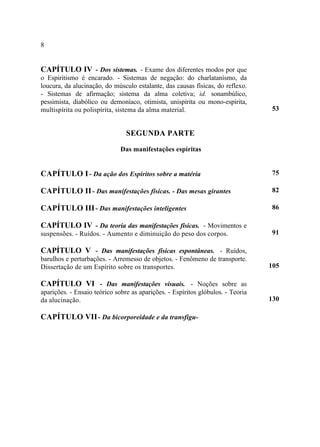 8


CAPÍTULO IV - Dos sistemas. - Exame dos diferentes modos por que
o Espiritismo é encarado. - Sistemas de negação: do charlatanísmo, da
loucura, da alucinação, do músculo estalante, das causas físicas, do reflexo.
- Sistemas de afirmação; sistema da alma coletiva; id. sonambúlico,
pessimista, diabólico ou demoníaco, otimista, unispírita ou mono-espírita,
multispírita ou polispírita, sistema da alma material.                           53


                                SEGUNDA PARTE

                              Das manifestações espíritas


CAPÍTULO I - Da ação dos Espíritos sobre a matéria                               75

CAPÍTULO II - Das manifestações físicas. - Das mesas girantes                    82

CAPÍTULO III - Das manifestações inteligentes                                    86

CAPÍTULO IV - Da teoria das manifestações físicas. - Movimentos e
suspensões. - Ruídos. - Aumento e diminuição do peso dos corpos.                 91

CAPÍTULO V - Das manifestações físicas espontâneas. - Ruídos,
barulhos e perturbações. - Arremesso de objetos. - Fenômeno de transporte.
Dissertação de um Espírito sobre os transportes.                                 105

CAPÍTULO VI - Das manifestações visuais. - Noções sobre as
aparições. - Ensaio teórico sobre as aparições. - Espíritos glóbulos. - Teoria
da alucinação.                                                                   130

CAPÍTULO VII - Da bicorporeidade e da transfigu-
 