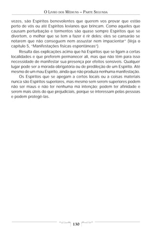 O LIVRO   DOS   MÉDIUNS – PARTE SEGUNDA

vezes, são Espíritos benevolentes que querem vos provar que estão
perto de vós ou até Espíritos levianos que brincam. Como aqueles que
causam perturbação e tormentos são quase sempre Espíritos que se
divertem, o melhor que se tem a fazer é rir deles; eles se cansarão se
notarem que não conseguem nem assustar nem impacientar” (Veja o
capítulo 5, “Manifestações físicas espontâneas”).
    Resulta das explicações acima que há Espíritos que se ligam a certas
localidades e que preferem permanecer ali, mas que não têm para isso
necessidade de manifestar sua presença por efeitos sensíveis. Qualquer
lugar pode ser a morada obrigatória ou de predileção de um Espírito. Até
mesmo de um mau Espírito, ainda que não produza nenhuma manifestação.
    Os Espíritos que se apegam a certos locais ou a coisas materiais
nunca são Espíritos superiores, mas mesmo sem serem superiores podem
não ser maus e não ter nenhuma má intenção; podem ter afinidade e
serem mais úteis do que prejudiciais, porque se interessam pelas pessoas
e podem protegê-las.




                                      130
 