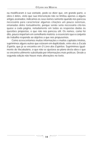 O LIVRO   DOS   MÉDIUNS

ou modificaram à sua vontade, pode-se dizer que, em grande parte, a
obra é deles, visto que sua intervenção não se limitou apenas a alguns
artigos assinados; indicamos os seus nomes somente quando nos pareceu
necessário para caracterizar algumas citações um pouco extensas,
emanadas deles textualmente, porque senão seria necessário citá-los
quase a cada página, notadamente em todas as respostas dadas às
questões propostas, o que não nos pareceu útil. Os nomes, como foi
dito, pouco importam em semelhante matéria; o essencial é que o conjunto
do trabalho responda ao objetivo a que nos propusemos.
     Como acrescentamos muitas informações e muitos capítulos inteiros,
suprimimos alguns outros que estavam em duplicidade, entre eles a Escala
Espírita, que já se encontra em O Livro dos Espíritos. Suprimimos igual-
mente do Vocabulário, o que não se ajustava ao plano desta obra e que
se encontra utilmente substituído por informações mais práticas. Desde a
segunda edição não houve mais alterações no texto.




                                    14
 
