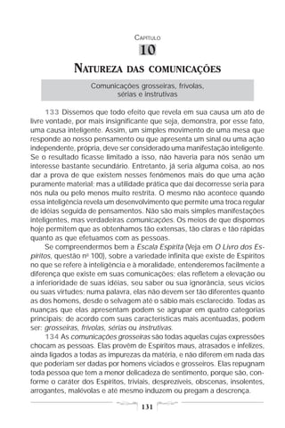 CAPÍTULO

                                   10
              NATUREZA         DAS COMUNICAÇÕES
                   Comunicações grosseiras, frívolas,
                         sérias e instrutivas

      133 Dissemos que todo efeito que revela em sua causa um ato de
livre vontade, por mais insignificante que seja, demonstra, por esse fato,
uma causa inteligente. Assim, um simples movimento de uma mesa que
responde ao nosso pensamento ou que apresenta um sinal ou uma ação
independente, própria, deve ser considerado uma manifestação inteligente.
Se o resultado ficasse limitado a isso, não haveria para nós senão um
interesse bastante secundário. Entretanto, já seria alguma coisa, ao nos
dar a prova de que existem nesses fenômenos mais do que uma ação
puramente material; mas a utilidade prática que daí decorresse seria para
nós nula ou pelo menos muito restrita. O mesmo não acontece quando
essa inteligência revela um desenvolvimento que permite uma troca regular
de idéias seguida de pensamentos. Não são mais simples manifestações
inteligentes, mas verdadeiras comunicações. Os meios de que dispomos
hoje permitem que as obtenhamos tão extensas, tão claras e tão rápidas
quanto as que efetuamos com as pessoas.
      Se compreendermos bem a Escala Espírita (Veja em O Livro dos Es-
píritos, questão no 100), sobre a variedade infinita que existe de Espíritos
no que se refere à inteligência e à moralidade, entenderemos facilmente a
diferença que existe em suas comunicações; elas refletem a elevação ou
a inferioridade de suas idéias, seu saber ou sua ignorância, seus vícios
ou suas virtudes; numa palavra, elas não devem ser tão diferentes quanto
as dos homens, desde o selvagem até o sábio mais esclarecido. Todas as
nuanças que elas apresentam podem se agrupar em quatro categorias
principais; de acordo com suas características mais acentuadas, podem
ser: grosseiras, frívolas, sérias ou instrutivas.
      134 As comunicações grosseiras são todas aquelas cujas expressões
chocam as pessoas. Elas provêm de Espíritos maus, atrasados e infelizes,
ainda ligados a todas as impurezas da matéria, e não diferem em nada das
que poderiam ser dadas por homens viciados e grosseiros. Elas repugnam
toda pessoa que tem a menor delicadeza de sentimento, porque são, con-
forme o caráter dos Espíritos, triviais, desprezíveis, obscenas, insolentes,
arrogantes, malévolas e até mesmo induzem ou pregam a descrença.

                                   131
 