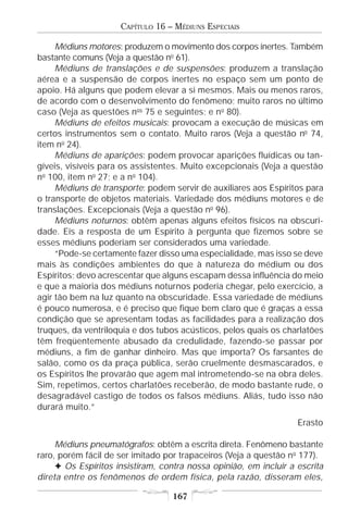 CAPÍTULO 16 – MÉDIUNS ESPECIAIS

     Médiuns motores: produzem o movimento dos corpos inertes. Também
bastante comuns (Veja a questão no 61).
     Médiuns de translações e de suspensões: produzem a translação
aérea e a suspensão de corpos inertes no espaço sem um ponto de
apoio. Há alguns que podem elevar a si mesmos. Mais ou menos raros,
de acordo com o desenvolvimento do fenômeno; muito raros no último
caso (Veja as questões nos 75 e seguintes; e no 80).
     Médiuns de efeitos musicais: provocam a execução de músicas em
certos instrumentos sem o contato. Muito raros (Veja a questão no 74,
item no 24).
     Médiuns de aparições: podem provocar aparições fluídicas ou tan-
gíveis, visíveis para os assistentes. Muito excepcionais (Veja a questão
no 100, item no 27; e a no 104).
     Médiuns de transporte: podem servir de auxiliares aos Espíritos para
o transporte de objetos materiais. Variedade dos médiuns motores e de
translações. Excepcionais (Veja a questão no 96).
     Médiuns noturnos: obtêm apenas alguns efeitos físicos na obscuri-
dade. Eis a resposta de um Espírito à pergunta que fizemos sobre se
esses médiuns poderiam ser considerados uma variedade.
     “Pode-se certamente fazer disso uma especialidade, mas isso se deve
mais às condições ambientes do que à natureza do médium ou dos
Espíritos; devo acrescentar que alguns escapam dessa influência do meio
e que a maioria dos médiuns noturnos poderia chegar, pelo exercício, a
agir tão bem na luz quanto na obscuridade. Essa variedade de médiuns
é pouco numerosa, e é preciso que fique bem claro que é graças a essa
condição que se apresentam todas as facilidades para a realização dos
truques, da ventriloquia e dos tubos acústicos, pelos quais os charlatões
têm freqüentemente abusado da credulidade, fazendo-se passar por
médiuns, a fim de ganhar dinheiro. Mas que importa? Os farsantes de
salão, como os da praça pública, serão cruelmente desmascarados, e
os Espíritos lhe provarão que agem mal intrometendo-se na obra deles.
Sim, repetimos, certos charlatões receberão, de modo bastante rude, o
desagradável castigo de todos os falsos médiuns. Aliás, tudo isso não
durará muito.”
                                                                   Erasto

     Médiuns pneumatógrafos: obtêm a escrita direta. Fenômeno bastante
raro, porém fácil de ser imitado por trapaceiros (Veja a questão no 177).
     F Os Espíritos insistiram, contra nossa opinião, em incluir a escrita
direta entre os fenômenos de ordem física, pela razão, disseram eles,

                                   167
 