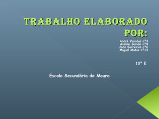 Trabalho Elaborado
               por:
                                André Valadas nº3
                                Avelino Galvão nº4
                                João Barreiros nº6
                                Miguel Matos nº13



                                          10º E


   Escola Secundária de Moura
 