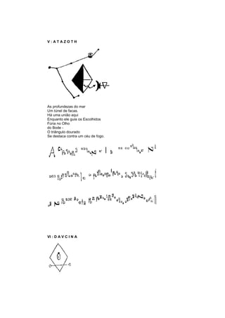 V : A T A Z O T H
As profundezas do mar
Um túnel de facas.
Há uma união aqui
Enquanto ele guia os Escolhidos
Fúria no Olho
do Bode -
O triângulo dourado
Se destaca contra um céu de fogo.
VI : D A V C I N A
 