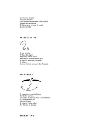 Um menino aleijado
Um túnel de osso
Uma estrela descende em uma floresta
Rostos são removidos
E Ela se senta na casa de perda
Desapercebida.
XII : N O C T U L I U S
A Lua envolve
O Deus Selvagem;
Empalado em um trono
Enquanto a roda de crânios gira.
A senhora adornada com jóias
A velha...
Inverno na mais selvagem das florestas.
XIII : N Y T H R A
O curso de um canal alinhado
Por Grifos brancos.
Um vórtex de espaço cinza e sem estrelas.
O cálice derrama seu
Sangue Branco
E a luz do Pastor brilha
Na Câmara da Esfinge.
XIV : S H A I T A N
 