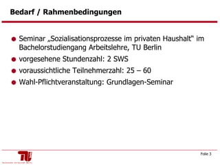 Bedarf / Rahmenbedingungen Seminar „Sozialisationsprozesse im privaten Haushalt“ im Bachelorstudiengang Arbeitslehre, TU Berlin vorgesehene Stundenzahl: 2 SWS voraussichtliche Teilnehmerzahl: 25 – 60 Wahl-Pflichtveranstaltung: Grundlagen-Seminar 