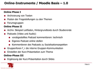 Online-Instrumente / Moodle Basis – 1.0   Online Phase I Archivierung von Texten Posten der Fragestellungen zu den Themen Forumsgruppen  Online Phase II Archiv: Beispiel Leitfaden, Hintergrundtexte durch Studierende Podcasts (Video und Audio):  vorabgestelltes Podcast kommentieren: technisch Eigenes Podcast online stellen Kommentieren des Podcasts zu Sozialisationsaspekten  Gruppenforen für die interne Gruppen-Kommunikation Einstellen der Kurz-Präsentation zum Thema Online-Phase III Ergänzung der Kurz-Präsentation durch Slides 