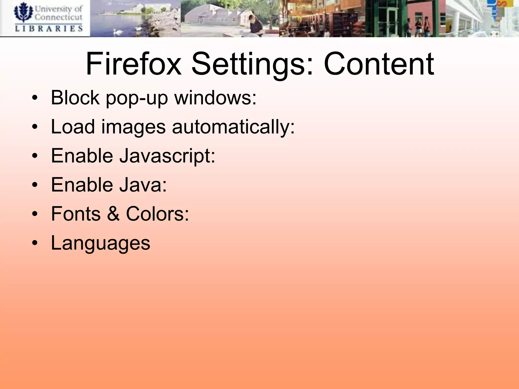 Firefox Settings: Content
•   Block pop-up windows:
•   Load images automatically:
•   Enable Javascript:
•   Enable Java:
•   Fonts & Colors:
•   Languages
 