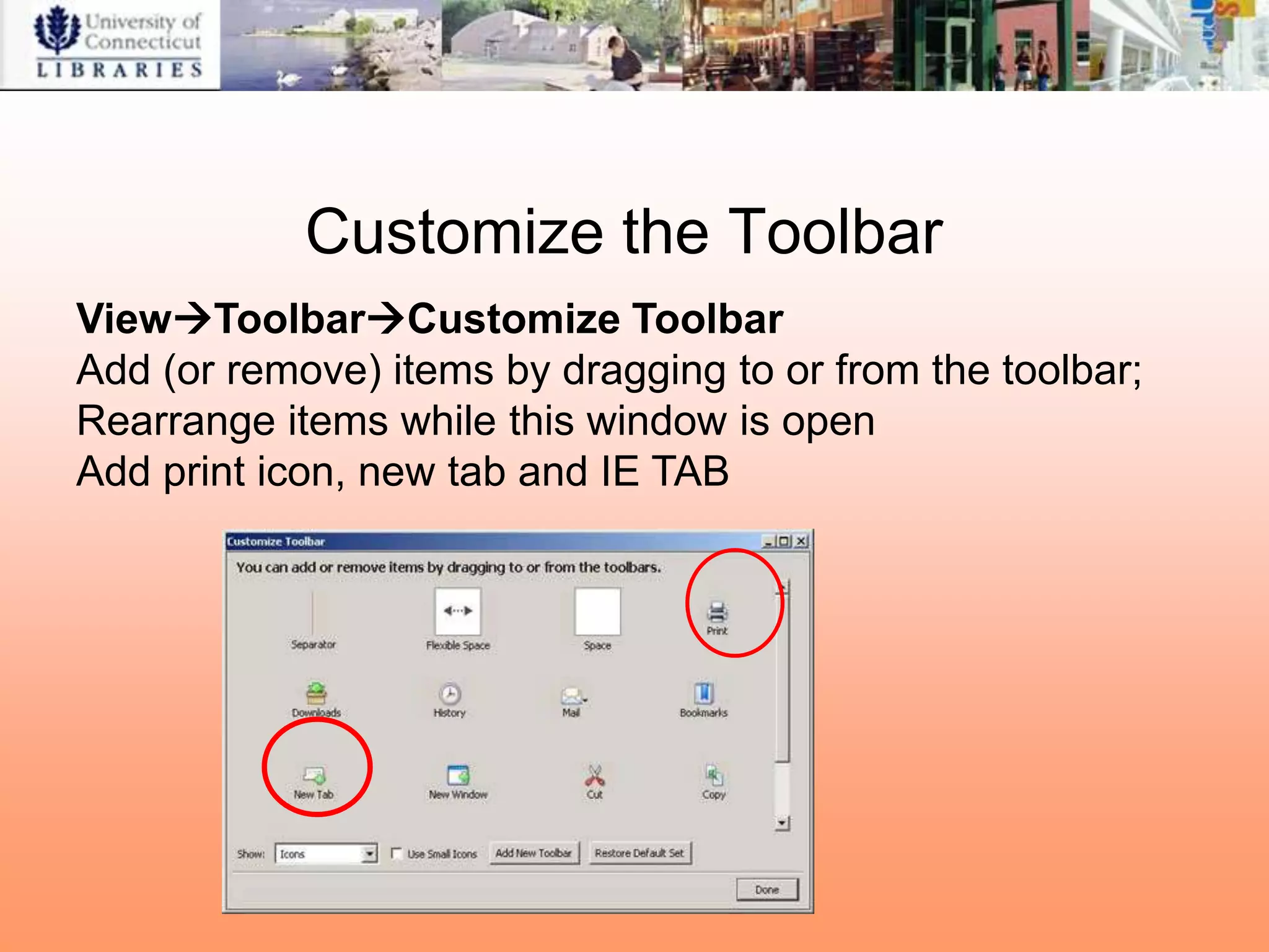 Customize the Toolbar
ViewToolbarCustomize Toolbar
Add (or remove) items by dragging to or from the toolbar;
Rearrange items while this window is open
Add print icon, new tab and IE TAB
 