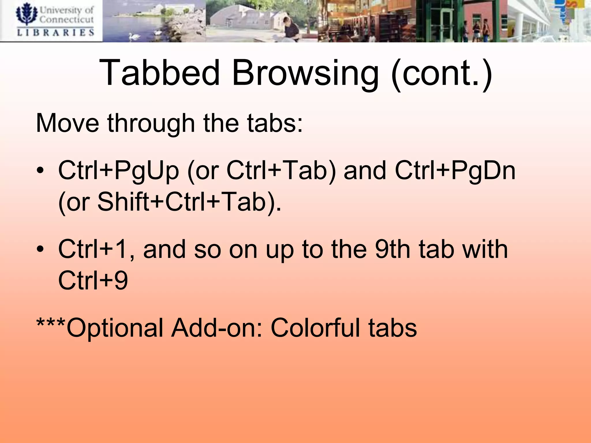 Tabbed Browsing (cont.)
Move through the tabs:
• Ctrl+PgUp (or Ctrl+Tab) and Ctrl+PgDn
  (or Shift+Ctrl+Tab).
• Ctrl+1, and so on up to the 9th tab with
  Ctrl+9
***Optional Add-on: Colorful tabs
 