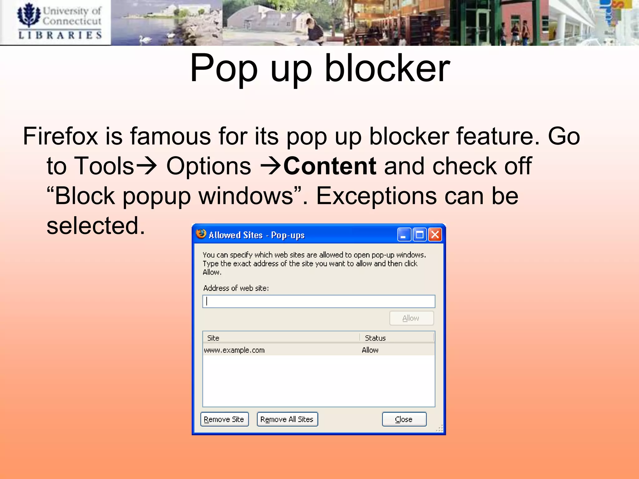 Pop up blocker
Firefox is famous for its pop up blocker feature. Go
  to Tools Options Content and check off
  “Block popup windows”. Exceptions can be
  selected.
 