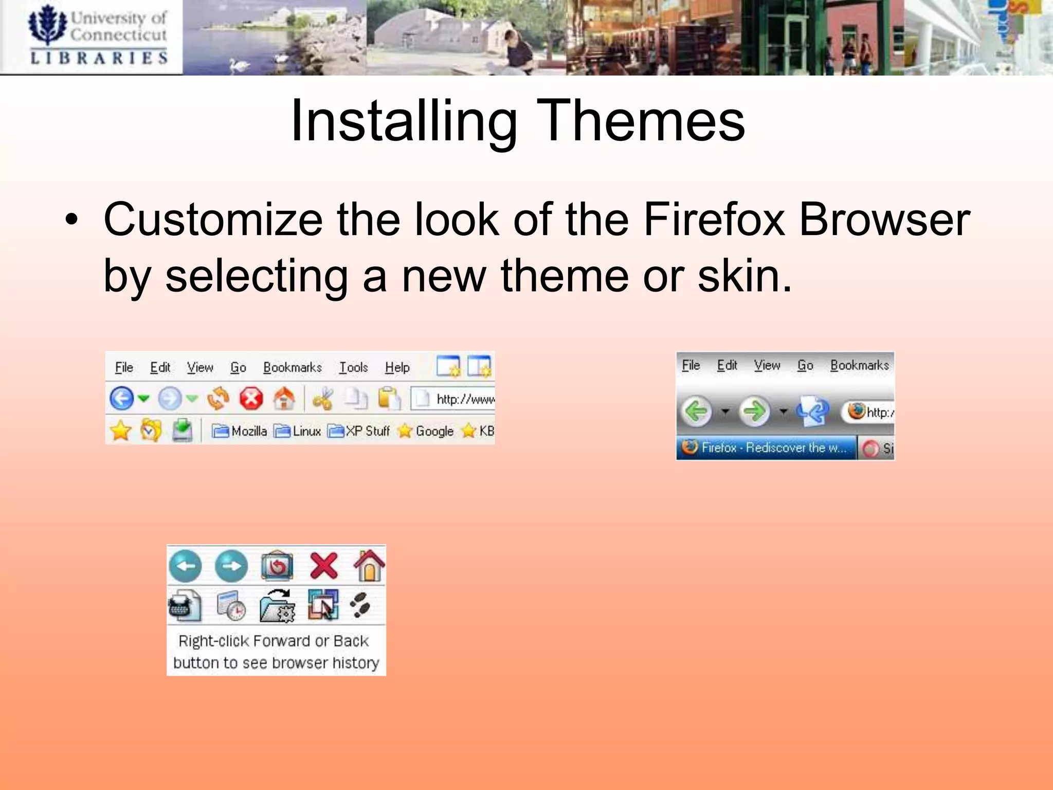 Installing Themes
• Customize the look of the Firefox Browser
  by selecting a new theme or skin.
 