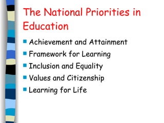 The National Priorities in Education Achievement and Attainment Framework for Learning Inclusion and Equality Values and Citizenship Learning for Life 
