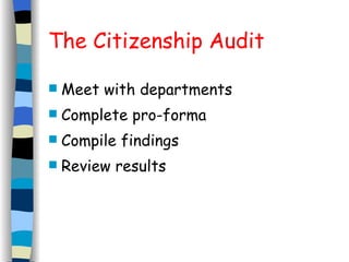 The Citizenship Audit Meet with departments Complete pro-forma Compile findings Review results 