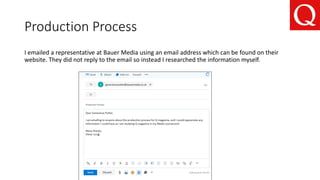 Production Process
I emailed a representative at Bauer Media using an email address which can be found on their
website. They did not reply to the email so instead I researched the information myself.
 