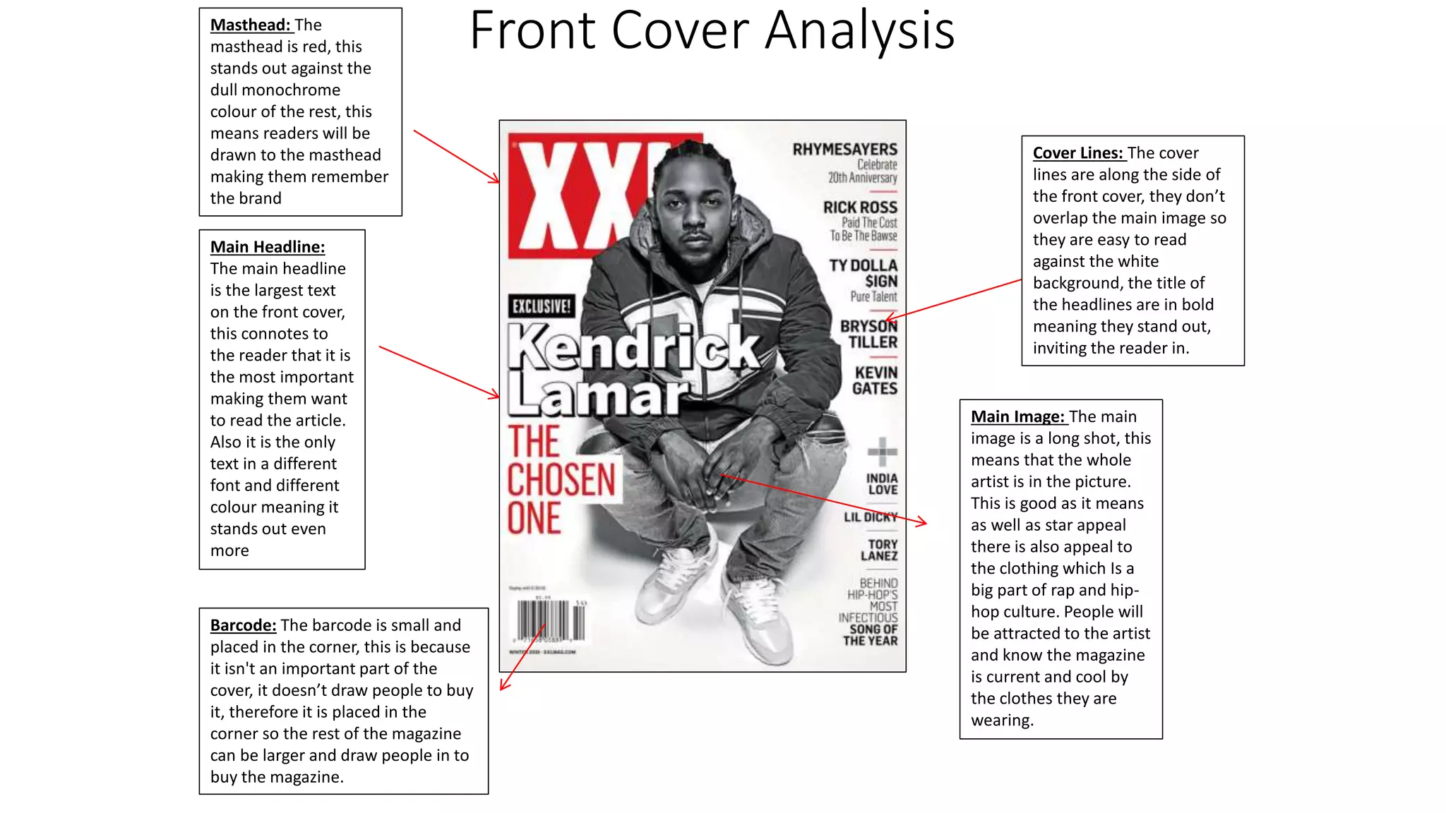 Front Cover Analysis
Cover Lines: The cover
lines are along the side of
the front cover, they don’t
overlap the main image so
they are easy to read
against the white
background, the title of
the headlines are in bold
meaning they stand out,
inviting the reader in.
Main Headline:
The main headline
is the largest text
on the front cover,
this connotes to
the reader that it is
the most important
making them want
to read the article.
Also it is the only
text in a different
font and different
colour meaning it
stands out even
more
Main Image: The main
image is a long shot, this
means that the whole
artist is in the picture.
This is good as it means
as well as star appeal
there is also appeal to
the clothing which Is a
big part of rap and hip-
hop culture. People will
be attracted to the artist
and know the magazine
is current and cool by
the clothes they are
wearing.
Masthead: The
masthead is red, this
stands out against the
dull monochrome
colour of the rest, this
means readers will be
drawn to the masthead
making them remember
the brand
Barcode: The barcode is small and
placed in the corner, this is because
it isn't an important part of the
cover, it doesn’t draw people to buy
it, therefore it is placed in the
corner so the rest of the magazine
can be larger and draw people in to
buy the magazine.
 