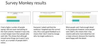 Survey Monkey results
I had a higher number of people
saying I did not cover everything on
the mark scheme, however it was only
a small margin more than people who
said I did. This shows that although
missed some things out it wasn’t very
much, as a number of people didn’t
notice.
Everyone I asked said that the
audience I targeted was the correct
one, this is very good feedback as it
means that I don’t need to change
who my target audience is.
Most people said I had enough detail
in my proposals however some people
said I didn’t, this means that I may
need to add some more detail but not
a major amount, because the majority
were happy with the detail.
 