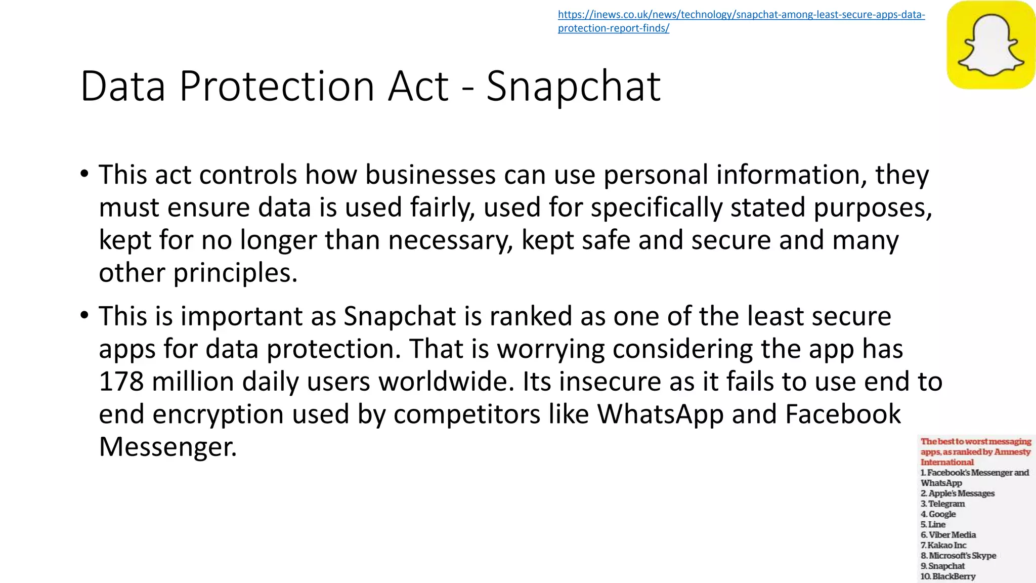 Data Protection Act - Snapchat
• This act controls how businesses can use personal information, they
must ensure data is used fairly, used for specifically stated purposes,
kept for no longer than necessary, kept safe and secure and many
other principles.
• This is important as Snapchat is ranked as one of the least secure
apps for data protection. That is worrying considering the app has
178 million daily users worldwide. Its insecure as it fails to use end to
end encryption used by competitors like WhatsApp and Facebook
Messenger.
https://inews.co.uk/news/technology/snapchat-among-least-secure-apps-data-
protection-report-finds/
 