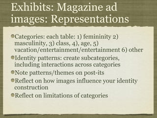 Exhibits: Magazine ad
images: Representations
Categories: each table: 1) femininity 2)
masculinity, 3) class, 4), age, 5)
vacation/entertainment/entertainment 6) other
Identity patterns: create subcategories,
including interactions across categories
Note patterns/themes on post-its
Reflect on how images influence your identity
construction
Reflect on limitations of categories
 
