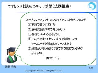 Copyright© 2015 OLL All Rights Reserved.
15/30法務担当
オープンソースソフトウェアのライセンスを読んでみたが
　①英語で書かれている
　②技術用語ばかりで分からない
　③義務もいろいろあるようだ
　④アメリカではライセンス違反で訴訟になり
　　 ソースコードを開示したケースもある
　⑤解釈がいろいろありすぎて何を信じていいのか
　　 分からない
　　　　　　　　　　困った・・・。
ライセンスを読んでみての感想（法務担当）
 