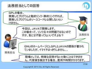 Copyright© 2015 OLL All Rights Reserved.
17/30
法務担当としての回答
開発担当
今回は、ＪＡＶＡで開発します。
この場合って、リンク云々の問題ではないので
すが、気にせず使ってもいいですよね？ 法務担当
ＧＰＬの場合、
開発したプログラムと動的リンク・静的リンクすれば、
開発したプログラムのソースコードも公開しないとい
けません。
ＧＮＵのホームページにＬＧＰＬとＪＡＶＡの関係が書かれ
ていましたが、イマイチはっきりしません。。
現場としては、明確な回答がないと動くことはできませ
ん。代替案を検討する場合、費用や時間がかかります。
 