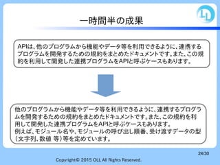 Copyright© 2015 OLL All Rights Reserved.
24/30
一時間半の成果
ＡＰＩは、他のプログラムから機能やデータ等を利用できるように、連携する
プログラムを開発するための規約をまとめたドキュメントです。また、この規
約を利用して開発した連携プログラムをＡＰＩと呼ぶケースもあります。
他のプログラムから機能やデータ等を利用できるように、連携するプログラ
ムを開発するための規約をまとめたドキュメントです。また、この規約を利
用して開発した連携プログラムをＡＰＩと呼ぶケースもあります。
例えば、モジュール名や、モジュールの呼び出し順番、受け渡すデータの型
（文字列、数値 等）等を定めています。
 