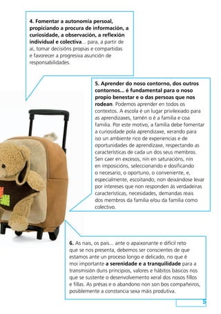 4. Fomentar a autonomía persoal,
propiciando a procura de información, a
curiosidade, a observación, a reflexión
individual e colectiva... para, a partir de
aí, tomar decisións propias e compartidas
e favorecer a progresiva asunción de
responsabilidades.



                            5. Aprender do noso contorno, dos outros
                            contornos... é fundamental para o noso
                            propio benestar e o das persoas que nos
                            rodean. Podemos aprender en todos os
                            contextos. A escola é un lugar privilexiado para
                            as aprendizaxes, tamén o é a familia e coa
                            familia. Por este motivo, a familia debe fomentar
                            a curiosidade pola aprendizaxe, xerando para
                            iso un ambiente rico de experiencias e de
                            oportunidades de aprendizaxe, respectando as
                            características de cada un dos seus membros.
                            Sen caer en excesos, nin en saturacións, nin
                            en imposicións, seleccionando e dosificando
                            o necesario, o oportuno, o conveniente, e,
                            especialmente, escoitando, non deixándose levar
                            por intereses que non responden ás verdadeiras
                            características, necesidades, demandas reais
                            dos membros da familia e/ou da familia como
                            colectivo.




                 6. As nais, os pais... ante o apaixonante e difícil reto
                 que se nos presenta, debemos ser conscientes de que
                 estamos ante un proceso longo e delicado, no que é
                 moi importante a serenidade e a tranquilidade para a
                 transmisión duns principios, valores e hábitos básicos nos
                 que se sustente o desenvolvemento xeral dos nosos fillos
                 e fillas. As présas e o abandono non son bos compañeiros,
                 posiblemente a constancia sexa máis produtiva.

                                                                              5
 